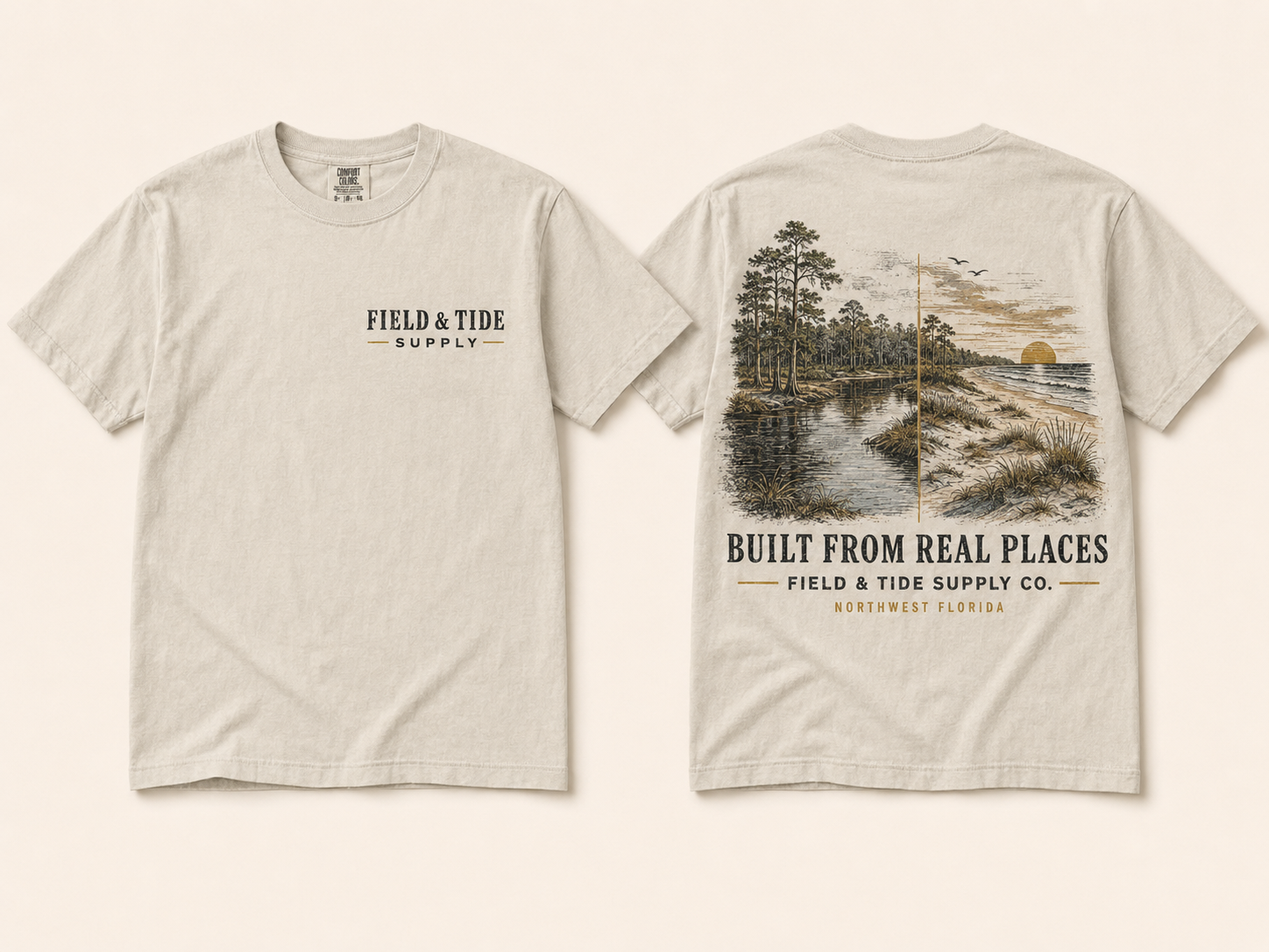 Front and back view of the cream Built From Real Places Tee