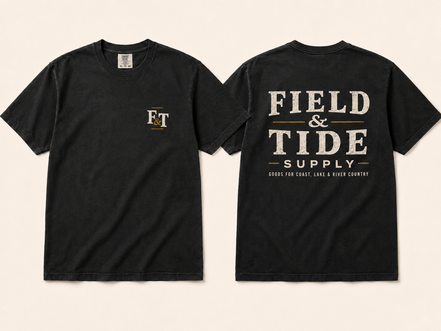 Front and back view of the dark Field and Tide Supply House Tee